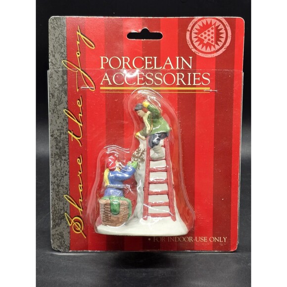 Vtg Caldor Share the Joy Village Accessorie Man On Ladder Raising Star With Boy - Picture 1 of 7